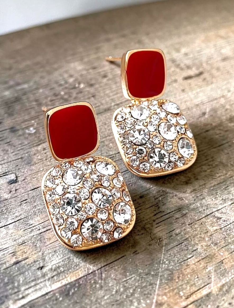 ​Gold Square Drop Earrings White Enamel Rhinestone Geometric Vintage Dangle Gift