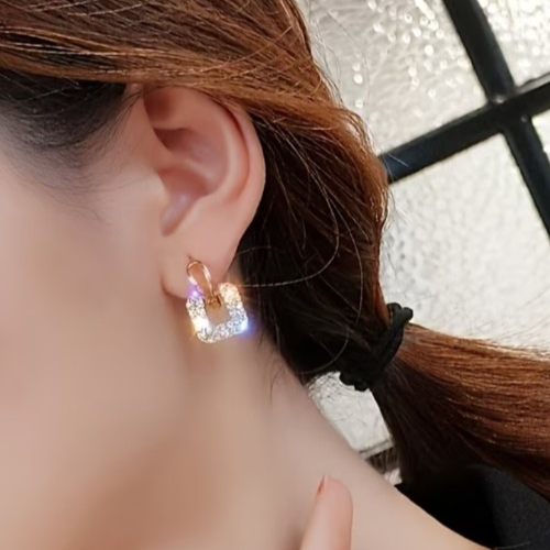 ​Gold Square Stud Earrings Sparkling Rhinestone Geometric Drop Retro Jewelry