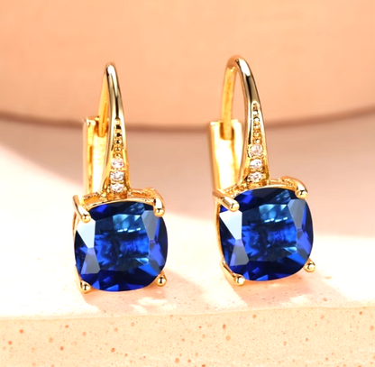 Gold Blue Sapphire Drop Earrings Cushion Cut Leverback Cushion Dangle UK
