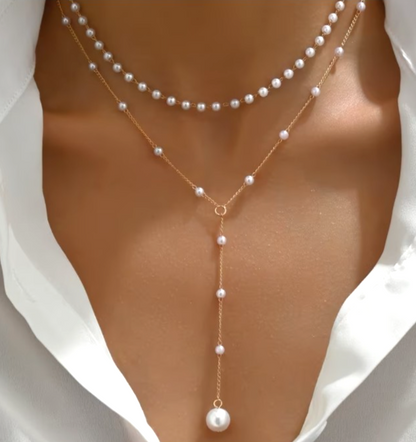 ​Gold Layered Pearl Choker Necklace Y Lariat Drop Tassel Pendant Long Chain Gift