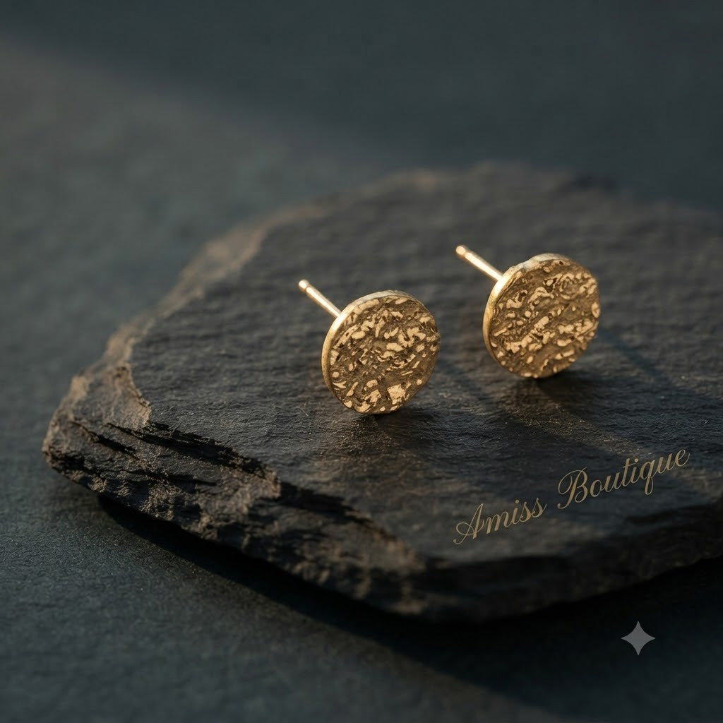 Gold Textured Round Stud Earrings Hammered Disc Circle Studs Womens Jewellery