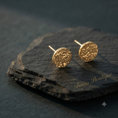 Gold Textured Round Stud Earrings Hammered Disc Circle Studs Womens Jewellery