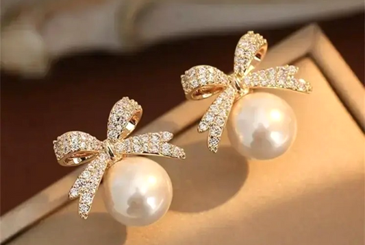 ​Gold Ribbon Bow Stud Earrings Pearl Drop Cubic Zirconia Dainty Coquette Gift