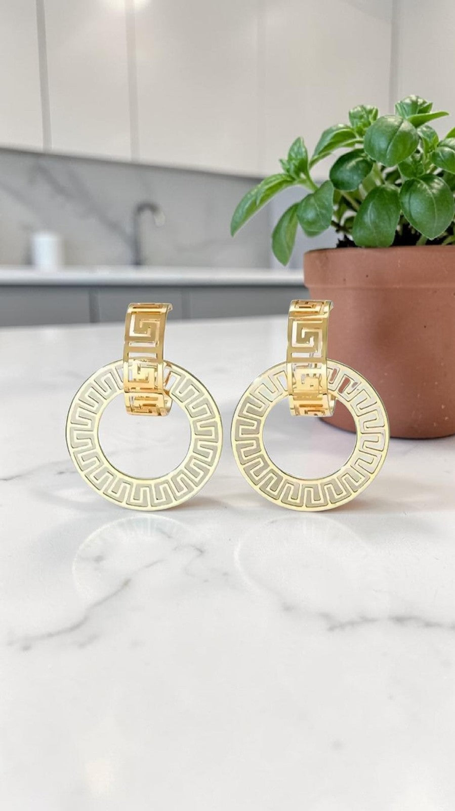 ​Gold Greek Key Earrings Geometric Circular Hoop Drop Dangle Cutout Statement