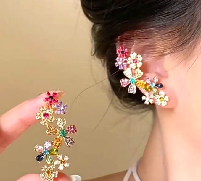 Colorful Crystal Flower Ear Cuff Earrings Full Ear Climber Clip On Statement Par