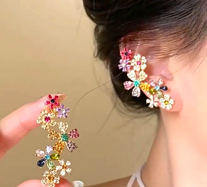 Colorful Crystal Flower Ear Cuff Earrings Full Ear Climber Clip On Statement Par