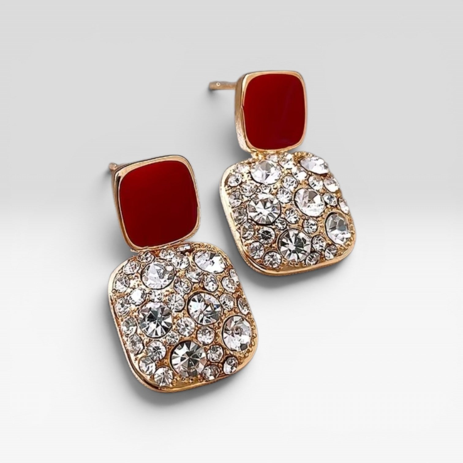 ​Gold Square Drop Earrings White Enamel Rhinestone Geometric Vintage Dangle Gift