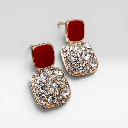 ​Gold Square Drop Earrings White Enamel Rhinestone Geometric Vintage Dangle Gift