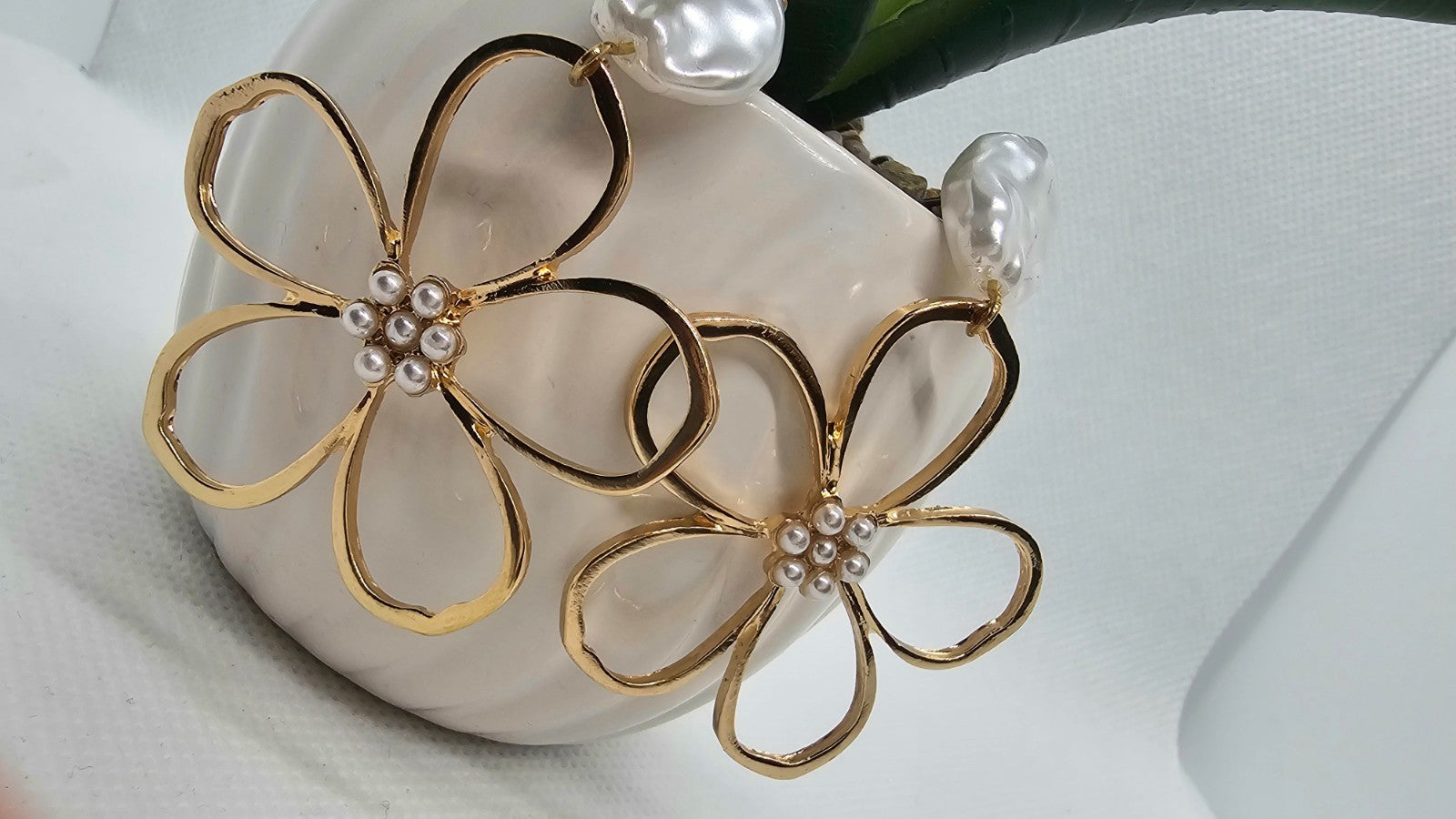 Gold Flower Pearl Drop Earrings | Statement Floral Earrings | Elegant Wedding