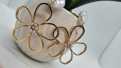 Gold Flower Pearl Drop Earrings | Statement Floral Earrings | Elegant Wedding