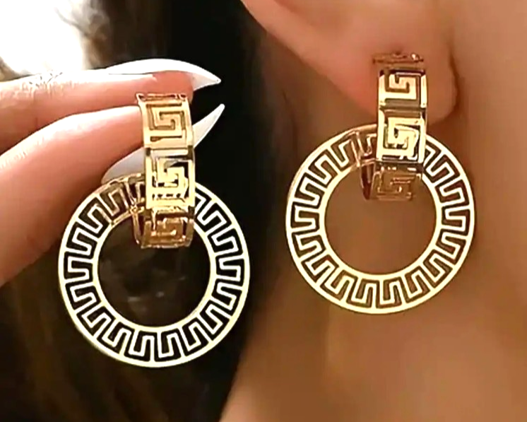 ​Gold Greek Key Earrings Geometric Circular Hoop Drop Dangle Cutout Statement