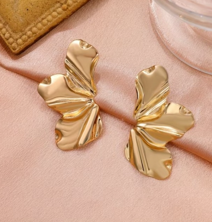 ​Gold Abstract Statement Stud Earrings Wavy Liquid Metal Large Textured Flower