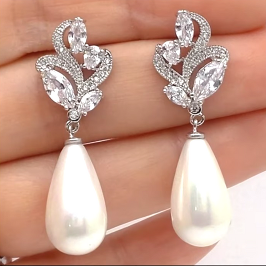 ​Silver Pearl Drop Earrings Bridal Crystal Marquise Flower Wedding Teardrop Gift