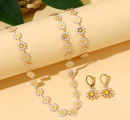 4PCS Daisy Jewellery Set Necklace Bracelet Earrings Floral Gold Tone Cute Boho G