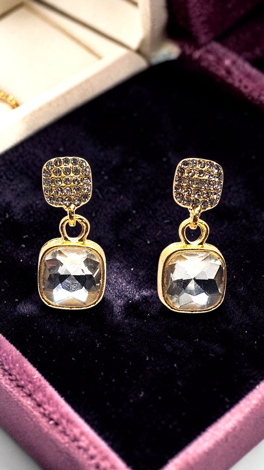 ​Gold Cushion Cut Drop Earrings Vintage Square Crystal Dangle Geometric Studs