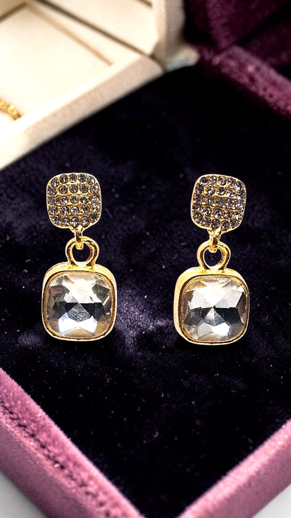 ​Gold Cushion Cut Drop Earrings Vintage Square Crystal Dangle Geometric Studs