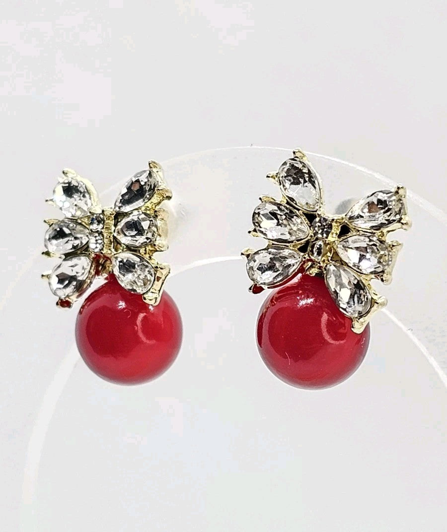 Gold Red Pearl Bow Drop Earrings Crystal Marquise Rhinestone Ribbon Studs Gift