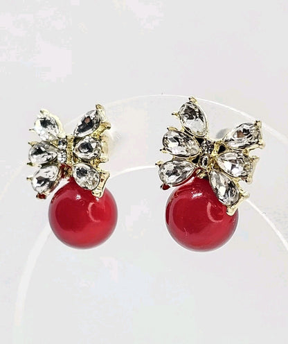Gold Red Pearl Bow Drop Earrings Crystal Marquise Rhinestone Ribbon Studs Gift