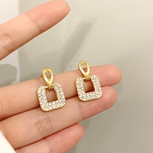 ​Gold Square Stud Earrings Sparkling Rhinestone Geometric Drop Retro Jewelry