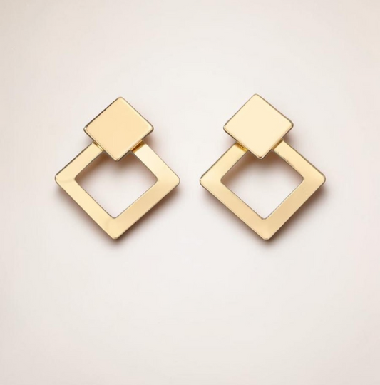 Golden Geometric Earrings Double Layer Square Rhombus Drop Minimalist Studs 3cm