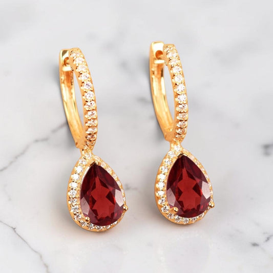 Gold Plated Drop Earrings Red Crystal Halo Pear CZ Dangle Huggie Women Gift