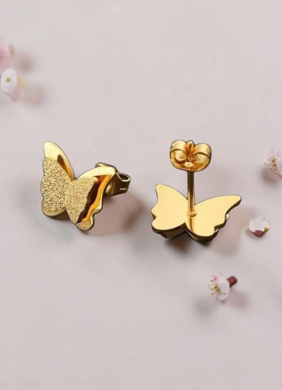 Gold Plated Stainless Steel Butterfly Stud Earrings Layered Frosted Glitter UK