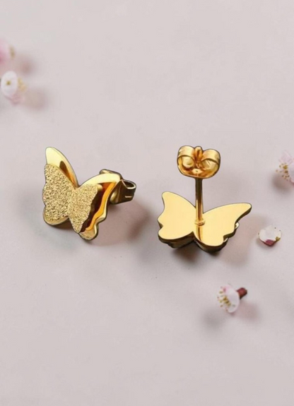 Gold Plated Stainless Steel Butterfly Stud Earrings Layered Frosted Glitter UK