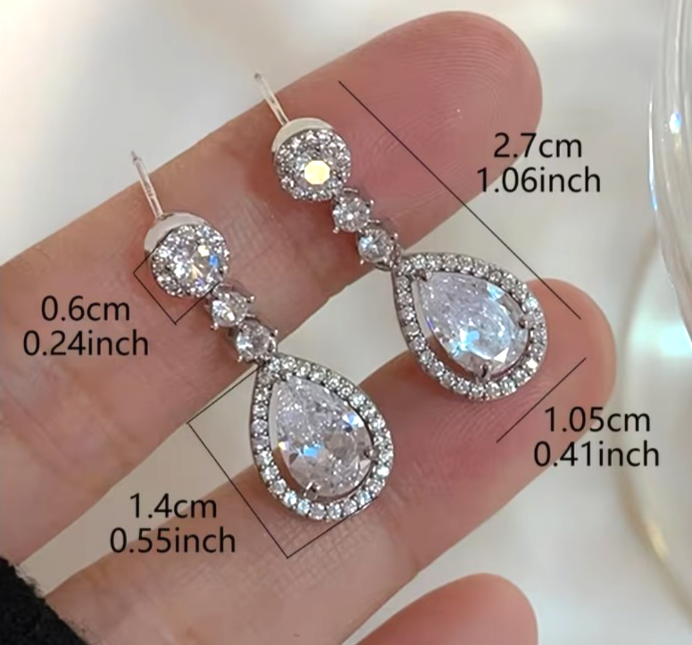 ​Silver Teardrop Dangle Earrings Crystal Water Drop Bridal Wedding Prom Jewelry