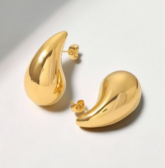 ​18K Gold Plated Stainless Steel Teardrop Earrings Chunky Vintage Stud 27 mm