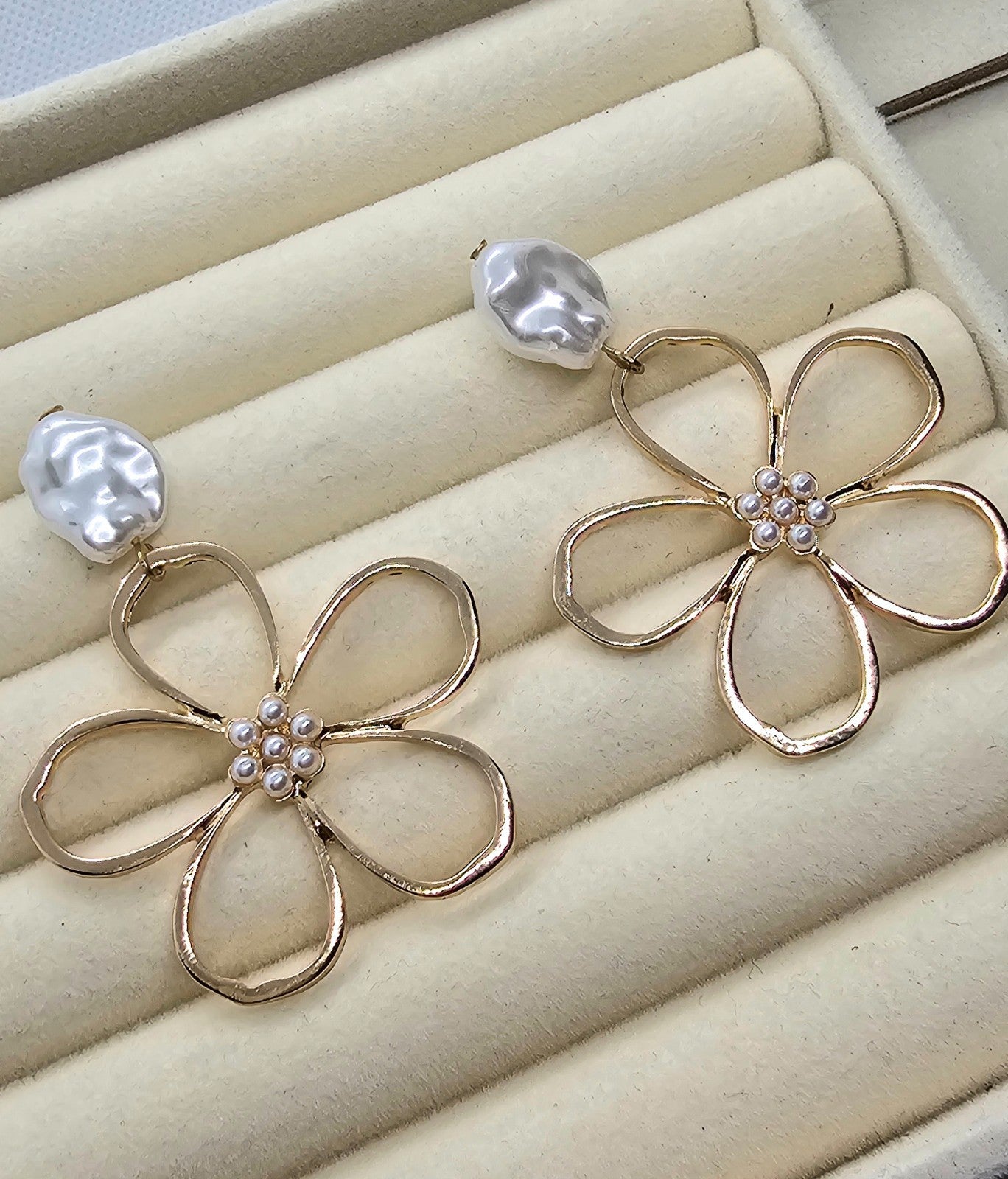 Gold Flower Pearl Drop Earrings | Statement Floral Earrings | Elegant Wedding