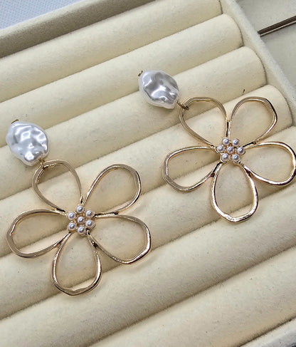 Gold Flower Pearl Drop Earrings | Statement Floral Earrings | Elegant Wedding