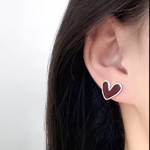Gold Deep Red Heart Stud Earrings Vintage Boho Dainty Burgundy Minimalist Gift