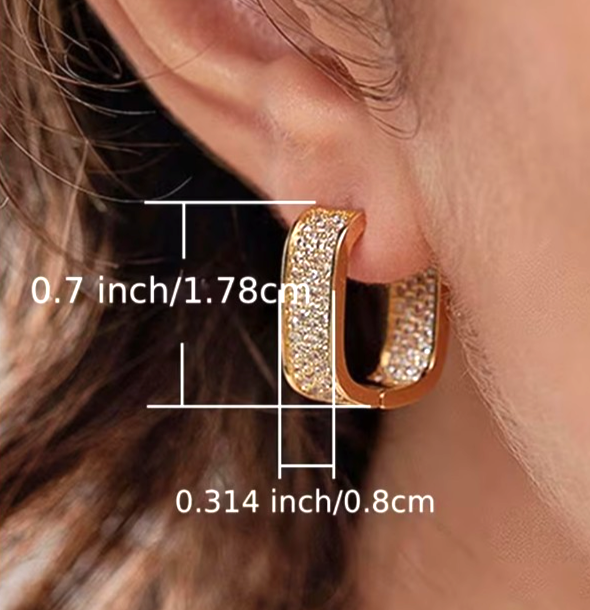 Gold U Shaped Hoop Earrings Sparkling Zirconia Rectangular Huggie Banquet Gift