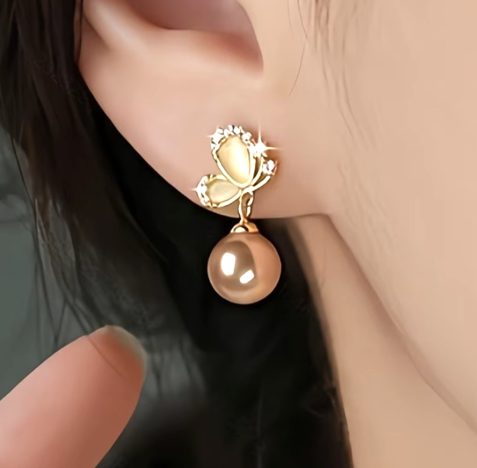 Gold Champagne Pearl Earrings Cute Sparkling Crystal Butterfly Drop Dangle Gift