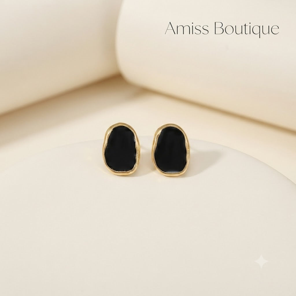 Black Oval Stud Earrings Gold Tone Vintage Geometric Statement Jewellery