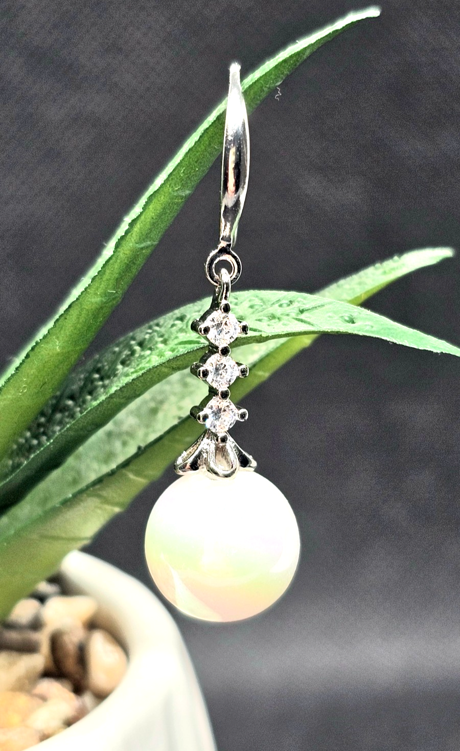 Silver Crystal Dangle White Pearl Drop Earrings Bridal Wedding Elegant Jewelry