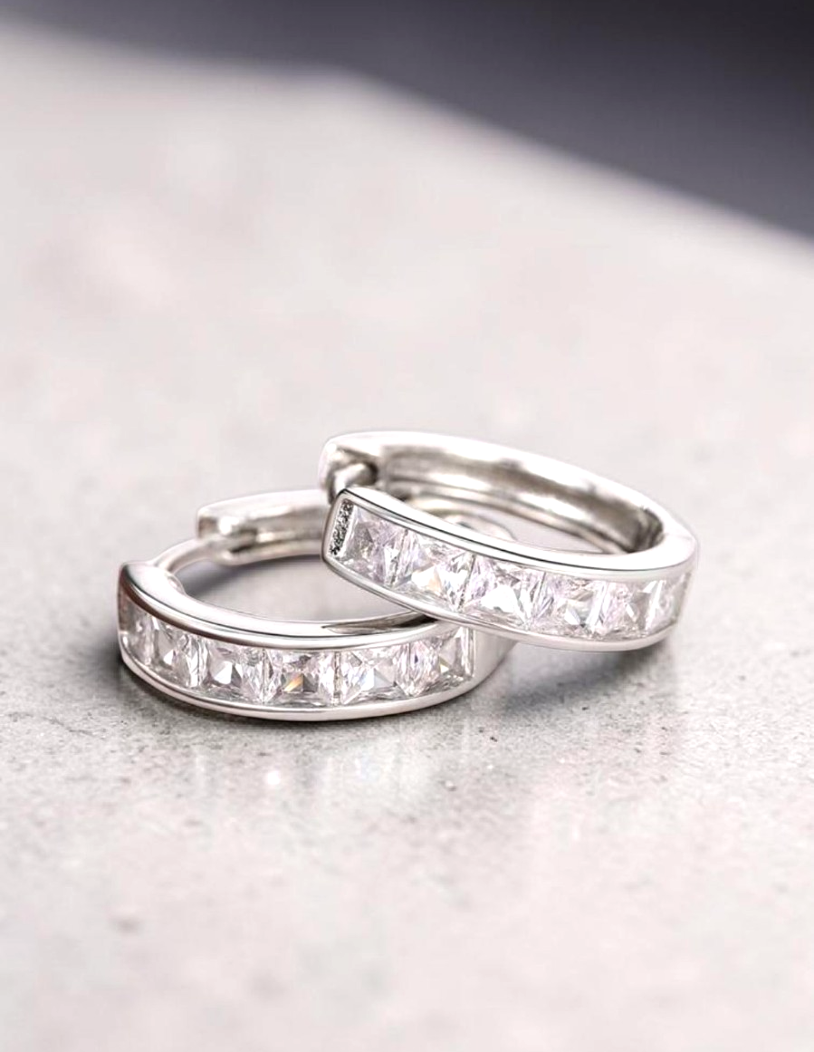 Silver CZ Huggie Hoop Earrings Princess Cut Cubic Zirconia Channel Set Hoops 1.8
