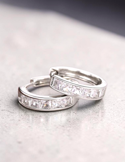Silver CZ Huggie Hoop Earrings Princess Cut Cubic Zirconia Channel Set Hoops 1.8