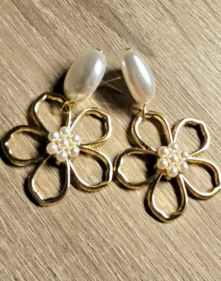 Gold Flower Pearl Drop Earrings | Statement Floral Earrings | Elegant Wedding