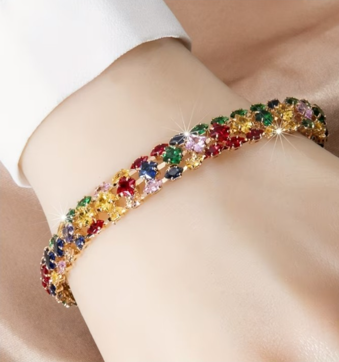 Rainbow Multicolour Crystal Tennis Bracelet Gold Tone | 18.5cm | Sparkly Gift Je
