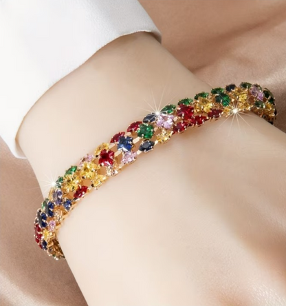 Rainbow Multicolour Crystal Tennis Bracelet Gold Tone | 18.5cm | Sparkly Gift Je