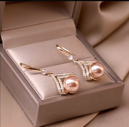 Gold Champagne Pearl Drop Earrings Crystal Geometric Dangle Bridal Banquet Gift