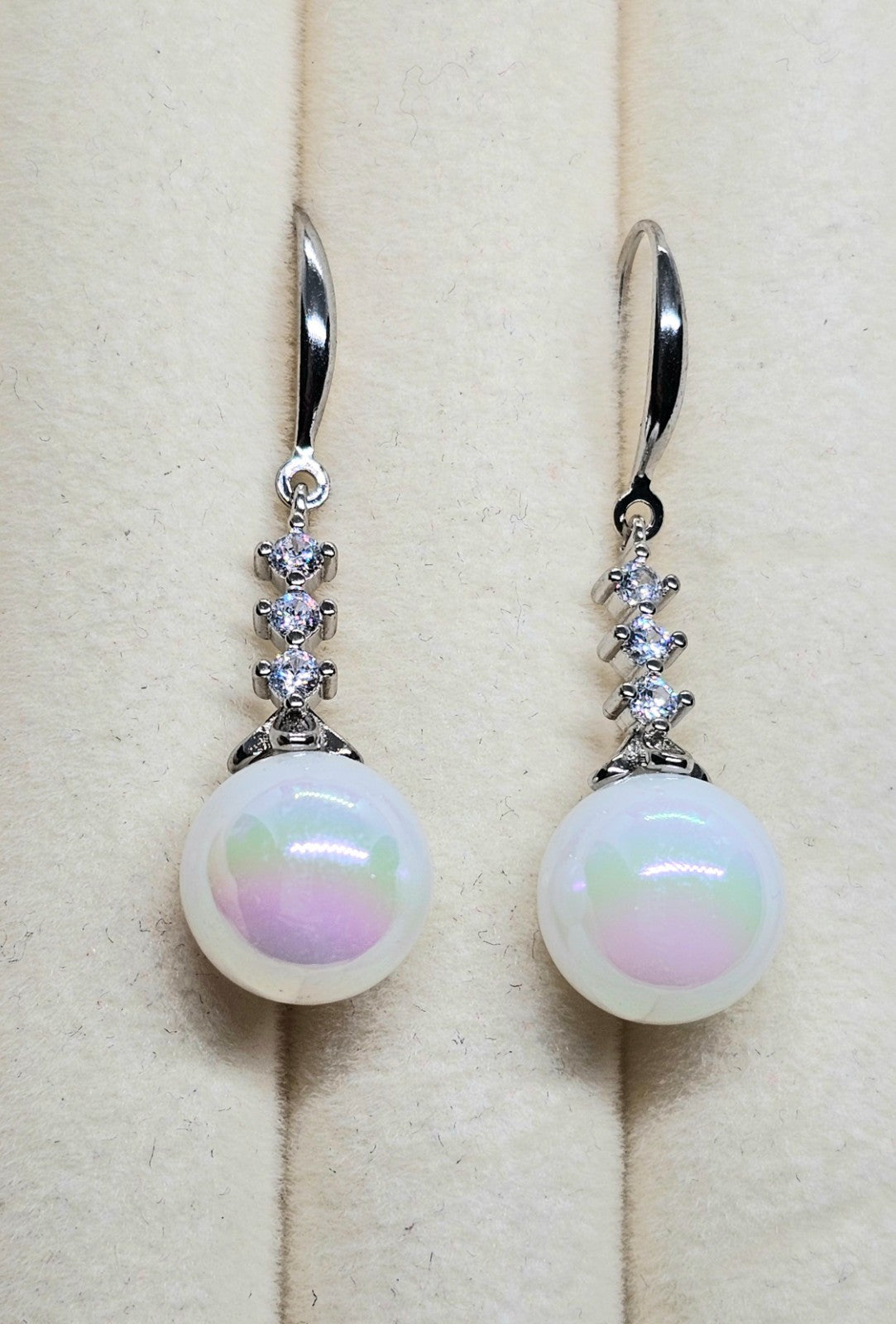 Silver Crystal Dangle White Pearl Drop Earrings Bridal Wedding Elegant Jewelry