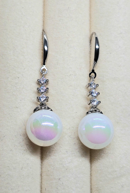 Silver Crystal Dangle White Pearl Drop Earrings Bridal Wedding Elegant Jewelry
