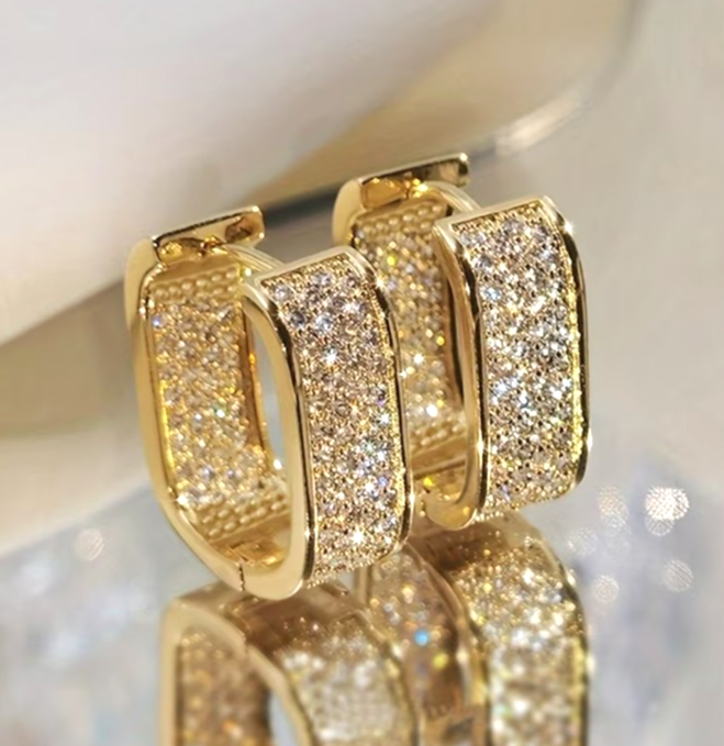 Gold U Shaped Hoop Earrings Sparkling Zirconia Rectangular Huggie Banquet Gift