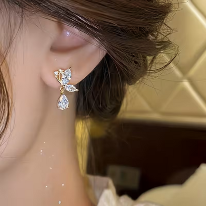 Crystal Butterfly Drop Earrings Gold Tone French Style Dangle Jewellery