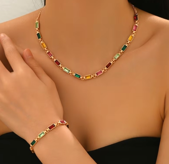 2Pcs Geometric Square Necklace Bracelet Set Colorful Rhinestone Summer Jewelry