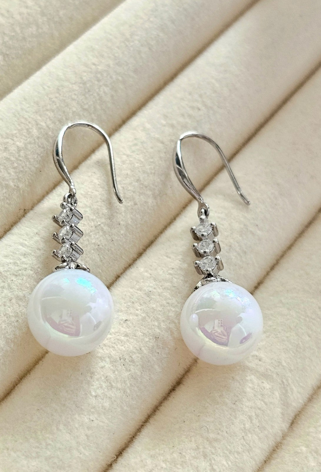 Silver Crystal Dangle White Pearl Drop Earrings Bridal Wedding Elegant Jewelry