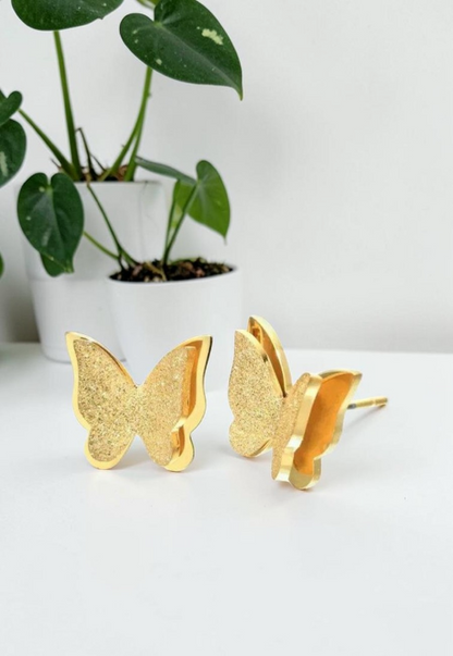 Gold Plated Stainless Steel Butterfly Stud Earrings Layered Frosted Glitter UK