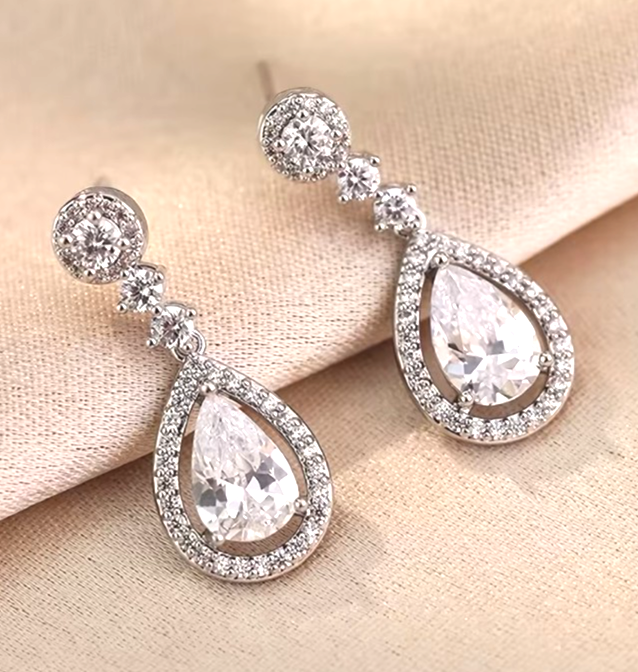 ​Silver Teardrop Dangle Earrings Crystal Water Drop Bridal Wedding Prom Jewelry